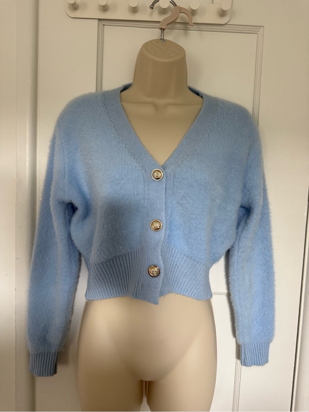 Cropped V-Neck Button Cardigan in Sky Blue